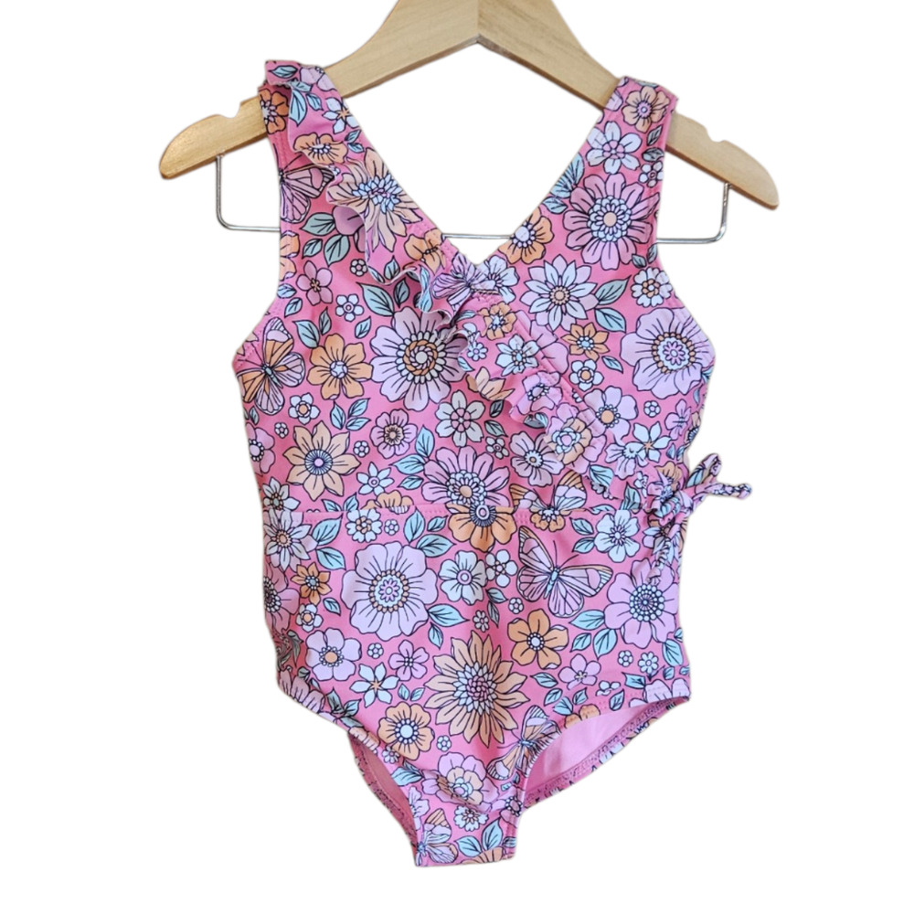 Kensie Girl 4T Pink Floral Butterfly Ruffle One Piece Swimsuit Bathing Suit